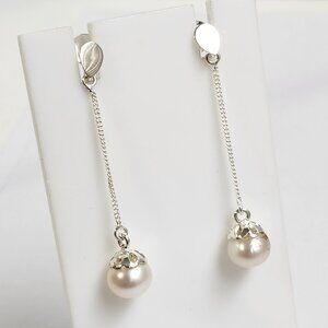 VTG 925 Honora/Tiffany's Style Dangle Drop Pearl Signed Ornate 2" Stud Earrings